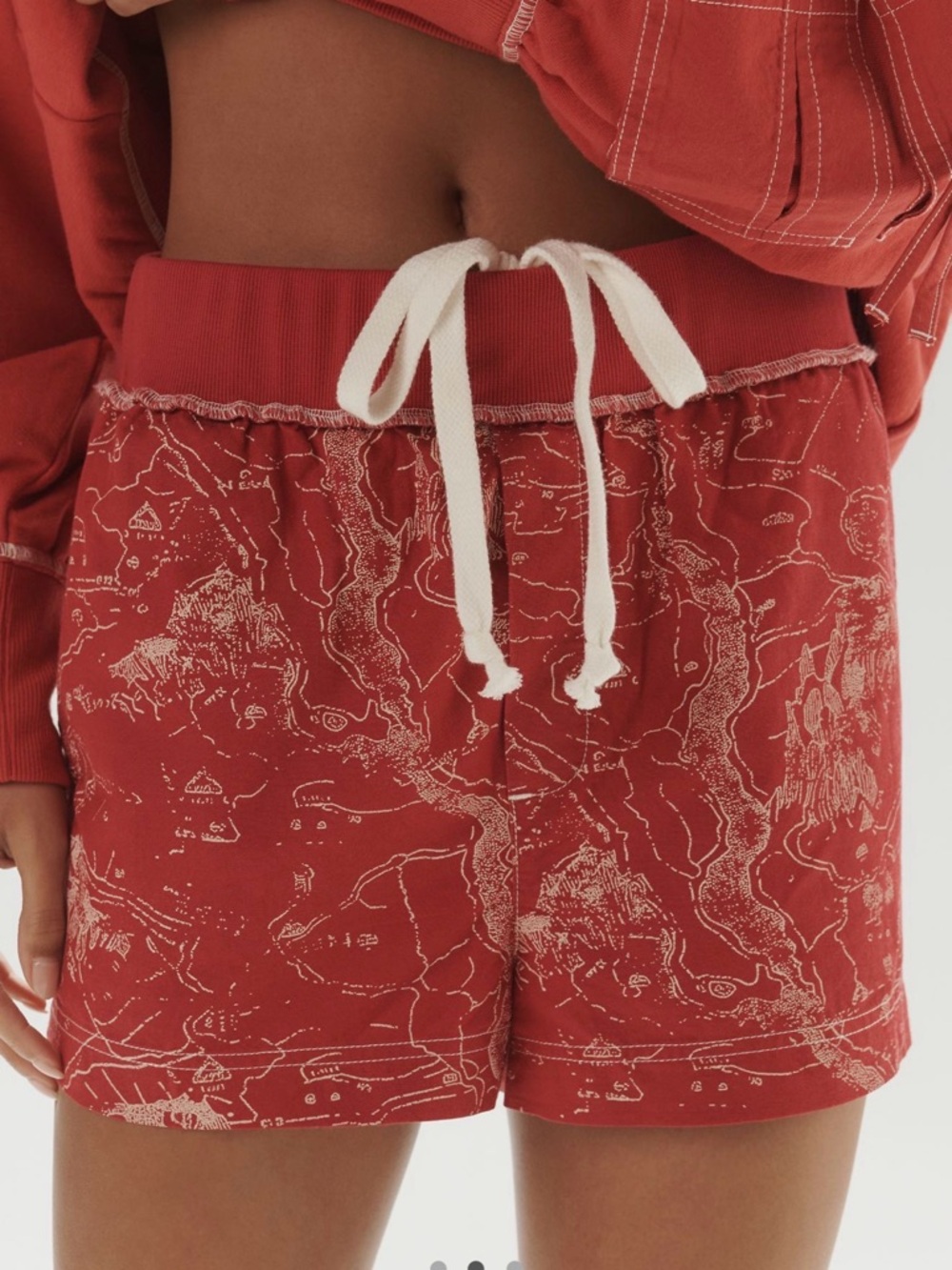 Anthropologie Daily Practice Base Weight Shorts Red Knit waist Drawstring Map L